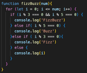 JavaScript Code example. Solution to the infamous FizzBuzz interview question.